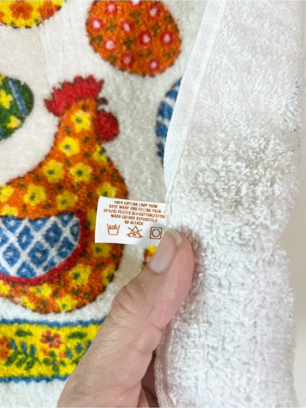 Vtg 70s Cannon Mills Terry Kitchen Towel Retro Chicken Floral Eggs Fringe